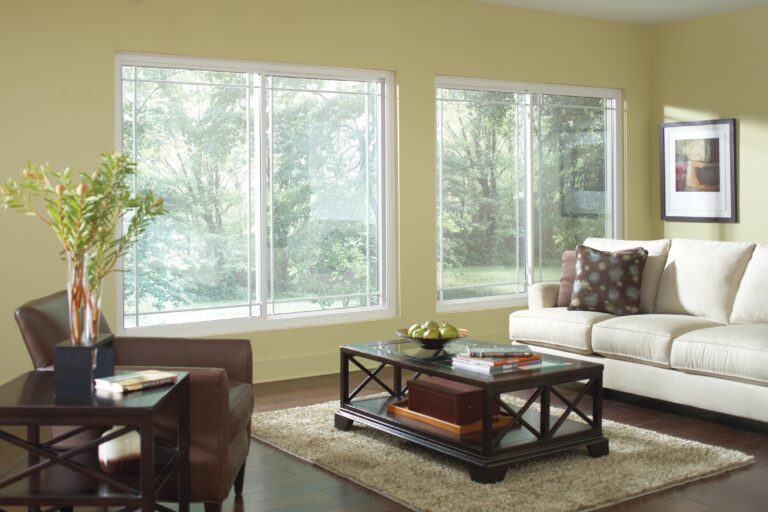 Sliding windows in a bright living room
